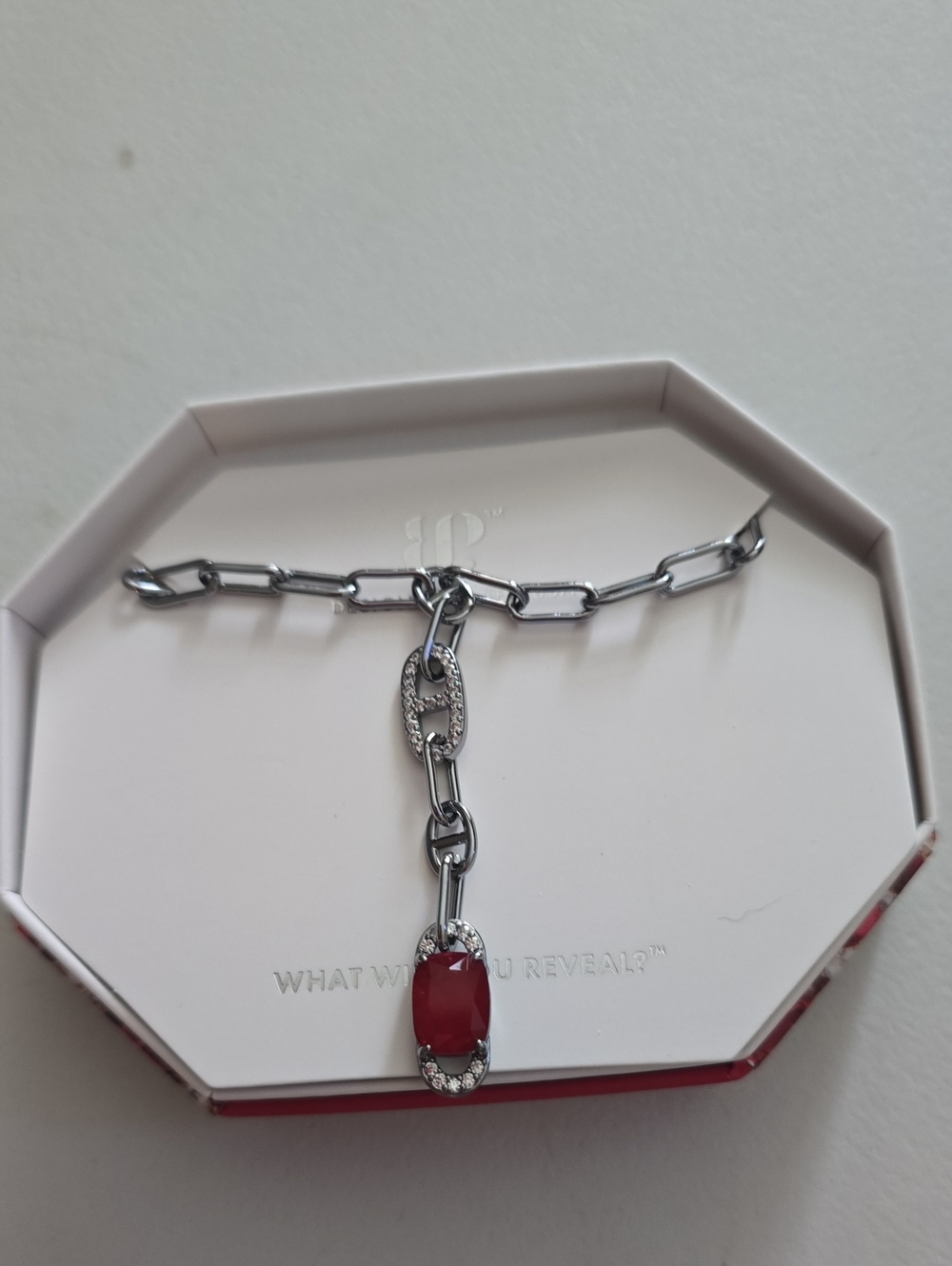 bp Silver-Tone Chain Necklace with Red Gem Pendant